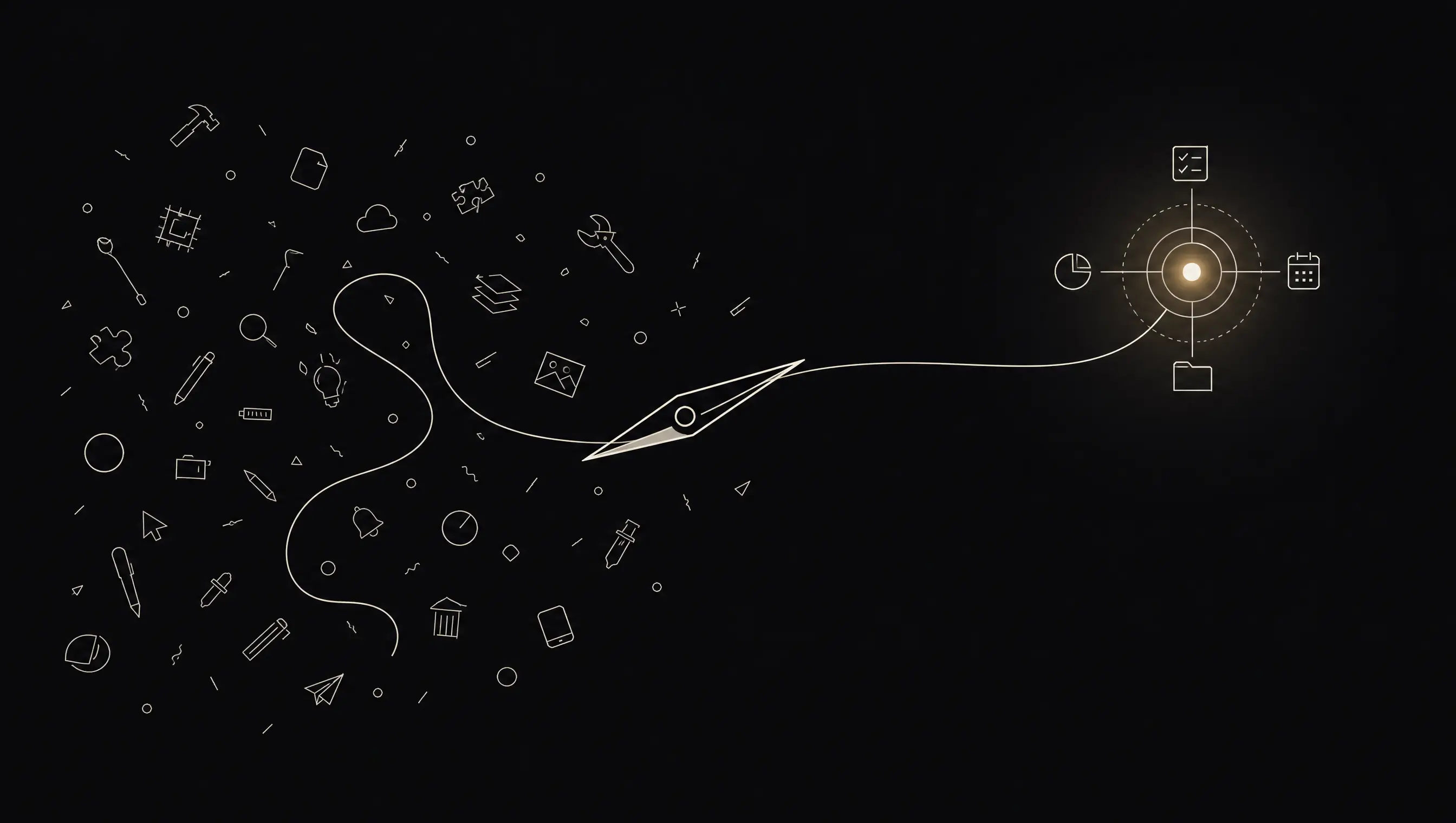 A compass needle cutting a clear path through scattered tools